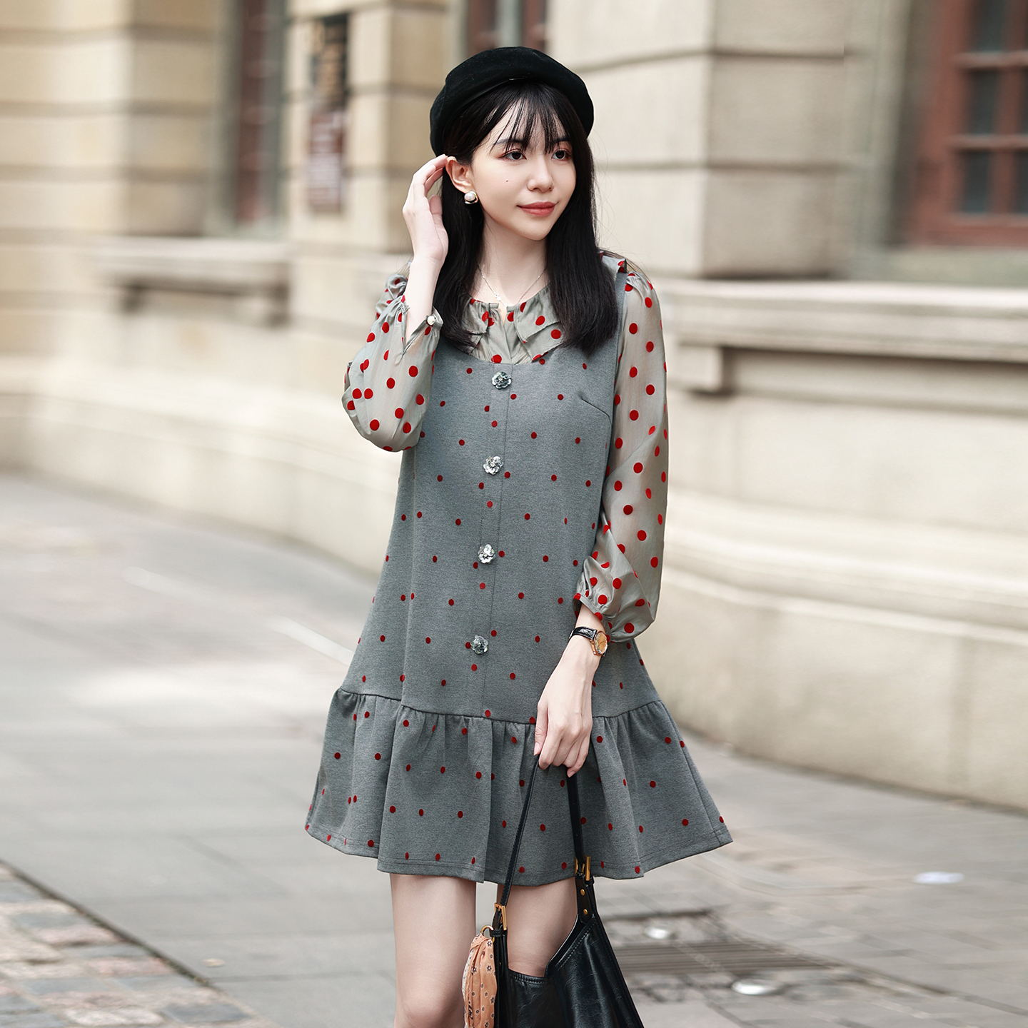 波点连衣裙女长袖气质裙中长裙