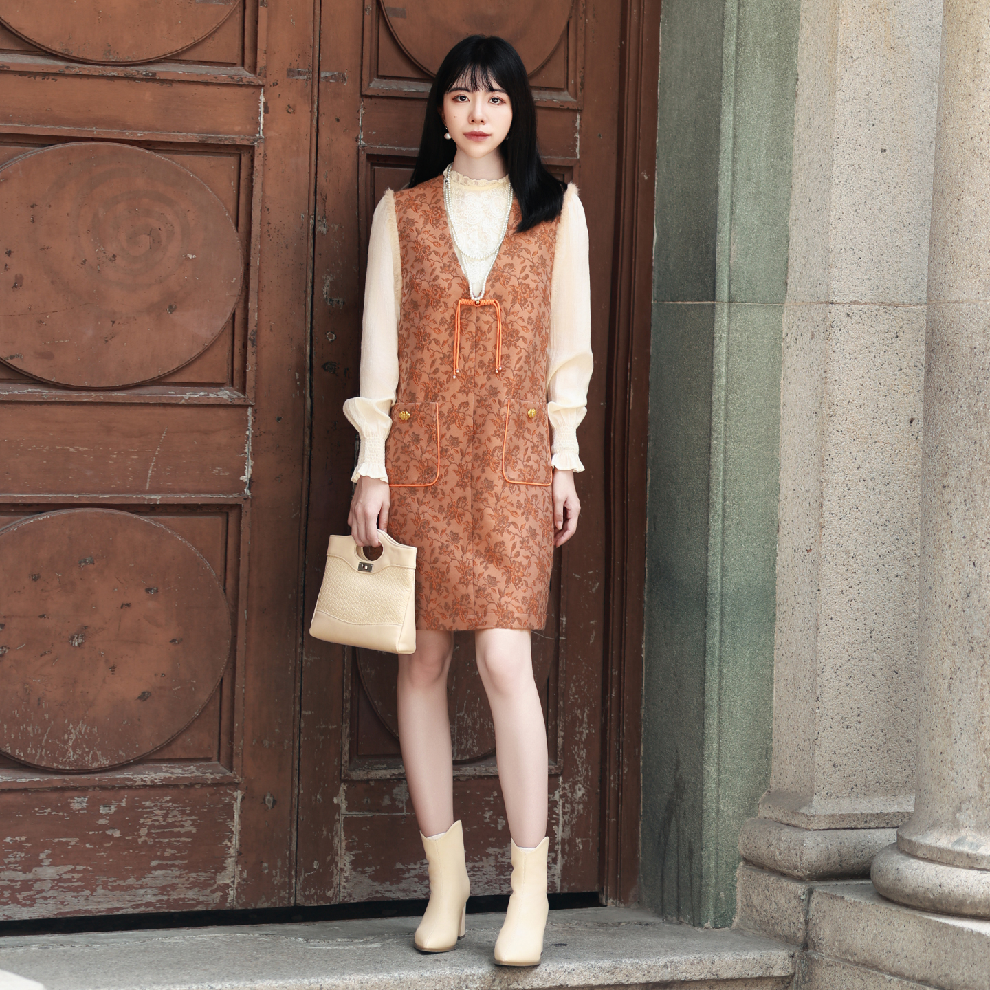 复古V领印花连衣裙女无袖