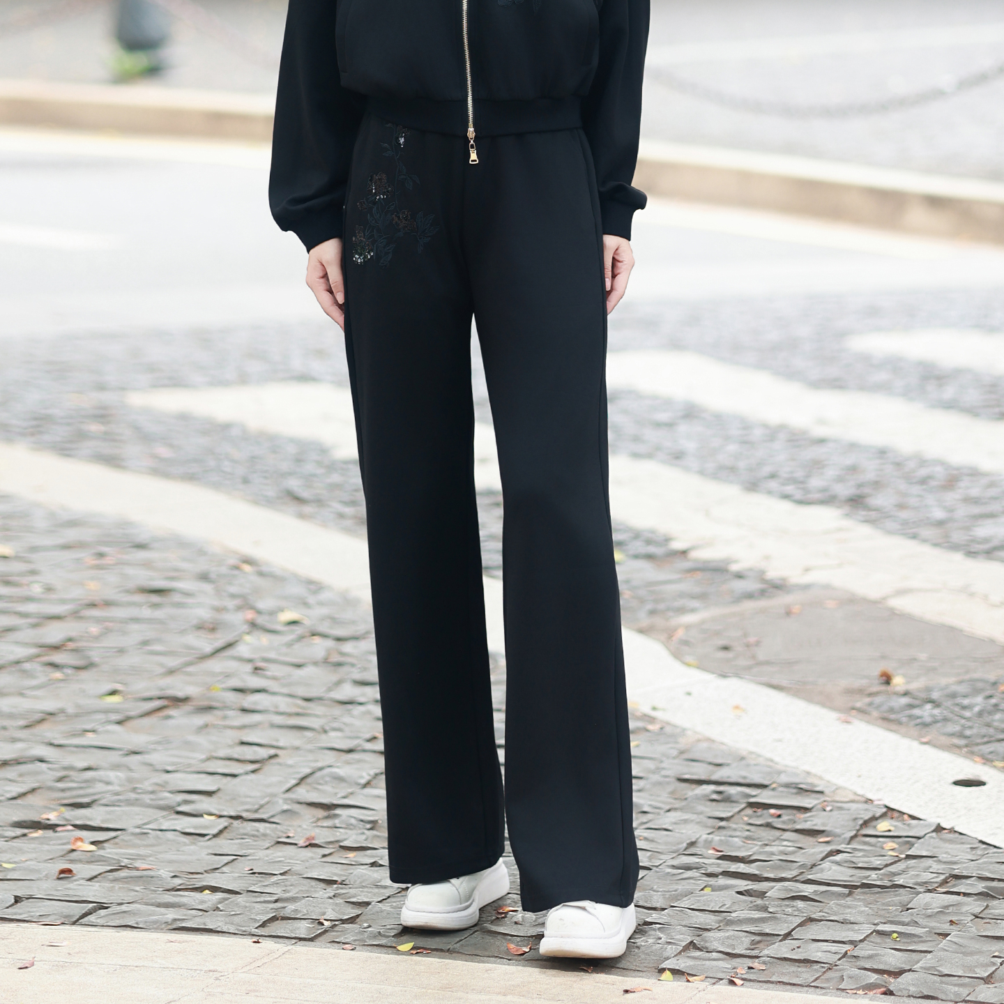 复古纯色刺绣阔腿裤女休闲裤