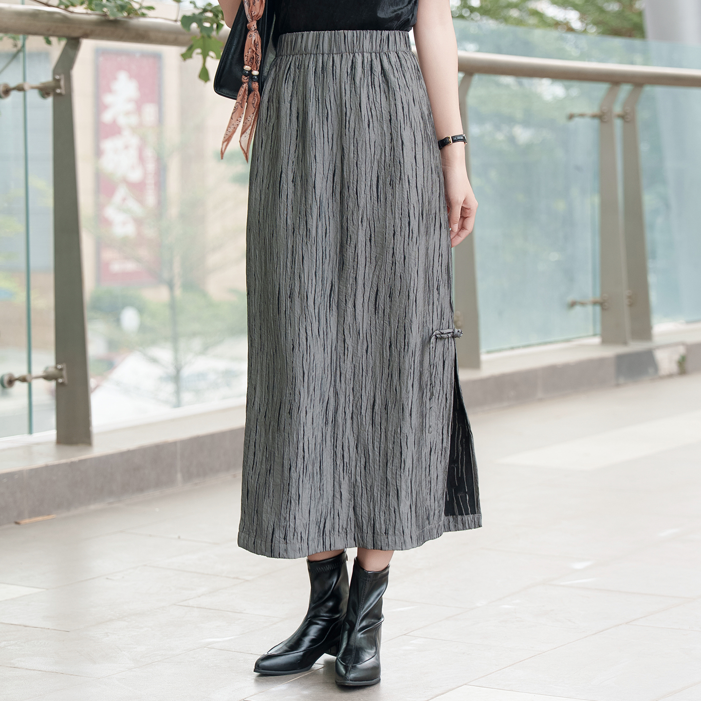 复古风半身裙女中长款开叉直筒裙