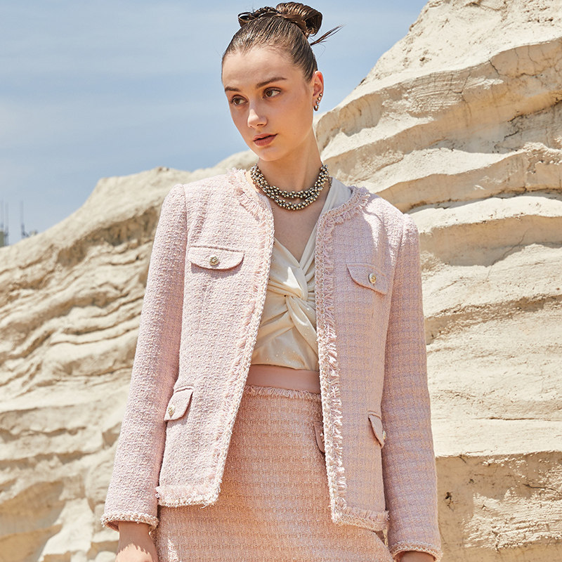 五丁目衣舍秋季新款圆领拼接上衣复古小香风短外套48809164