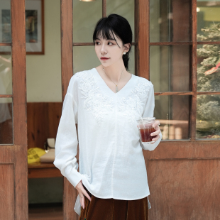 宽松上衣66644525 国风V领白色纯色长袖 五丁目衣舍2025新款 女秋季