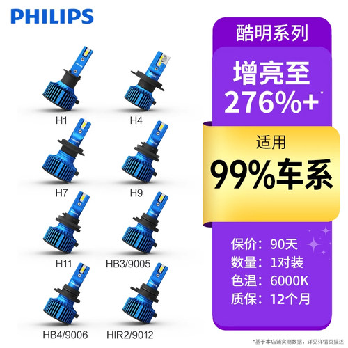 飞利浦LED前大灯汽车20W远光近光一体灯泡H4双灯H1 H9 9005 HIR2
