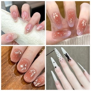 美甲冰透花蝴蝶腮红猫眼穿戴甲焦糖全码 可拆卸 奶白奶酷兔子长款