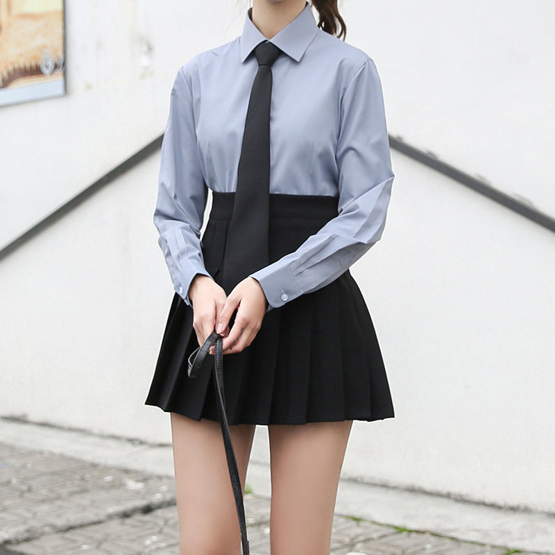 2024春季灰色JK制服衬衫女长袖学生打底白衬衣学院风领带性感百搭