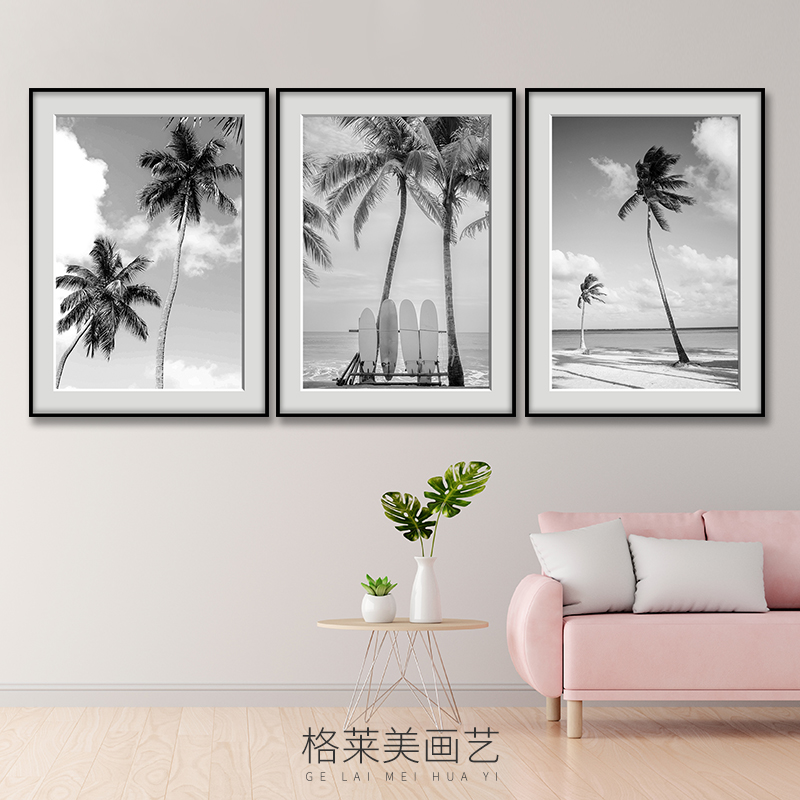 椰树棕榈树黑白摄影风景装饰画简约现代酒店民宿客厅卧室床头壁画图片