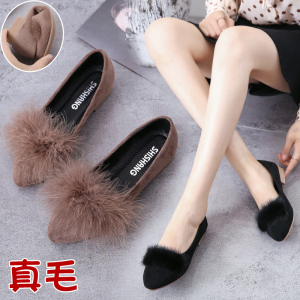 真毛毛鞋平底鞋粗跟单鞋