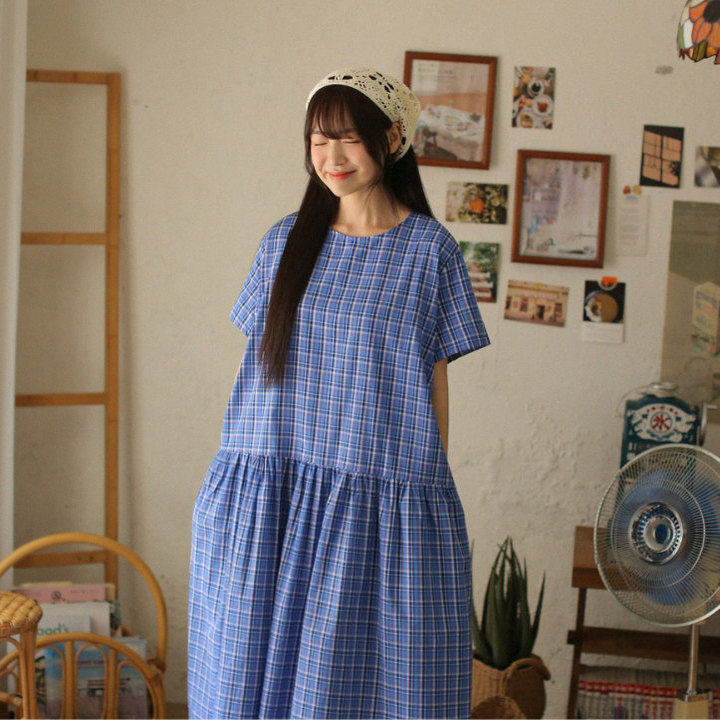 ㊣『妹妹家』2025夏新复古日系文艺格子短袖低腰宽松显瘦长连衣裙