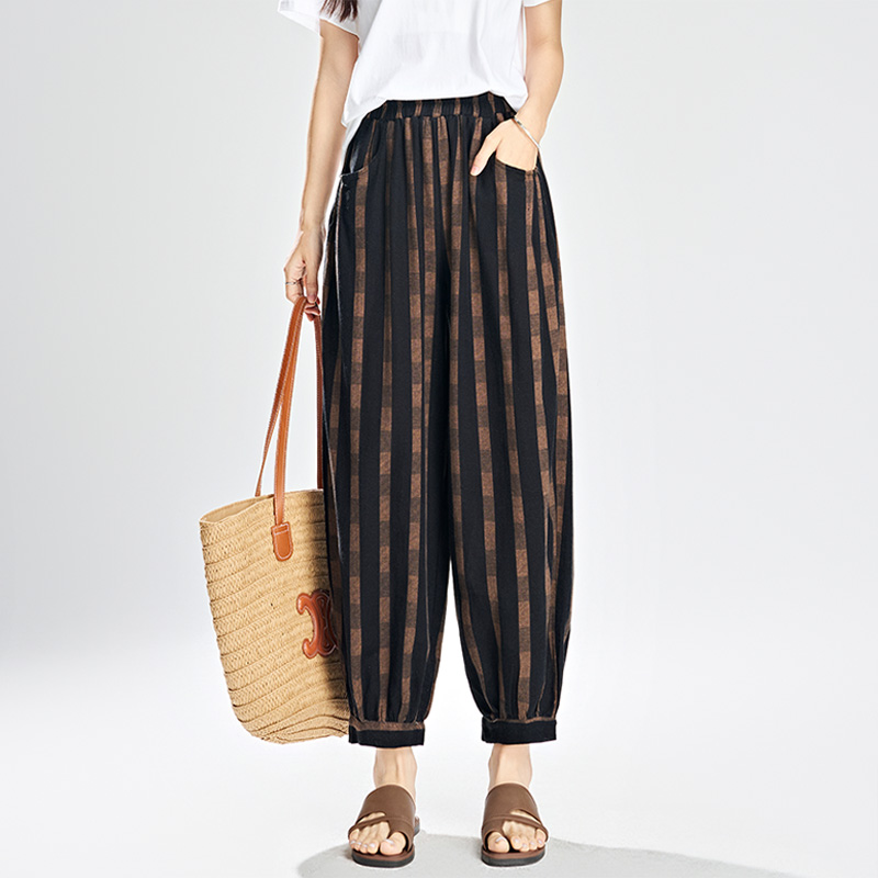 早菲2025夏季新款时尚百搭棉麻休闲长裤高腰显瘦黑色哈伦裤灯笼裤