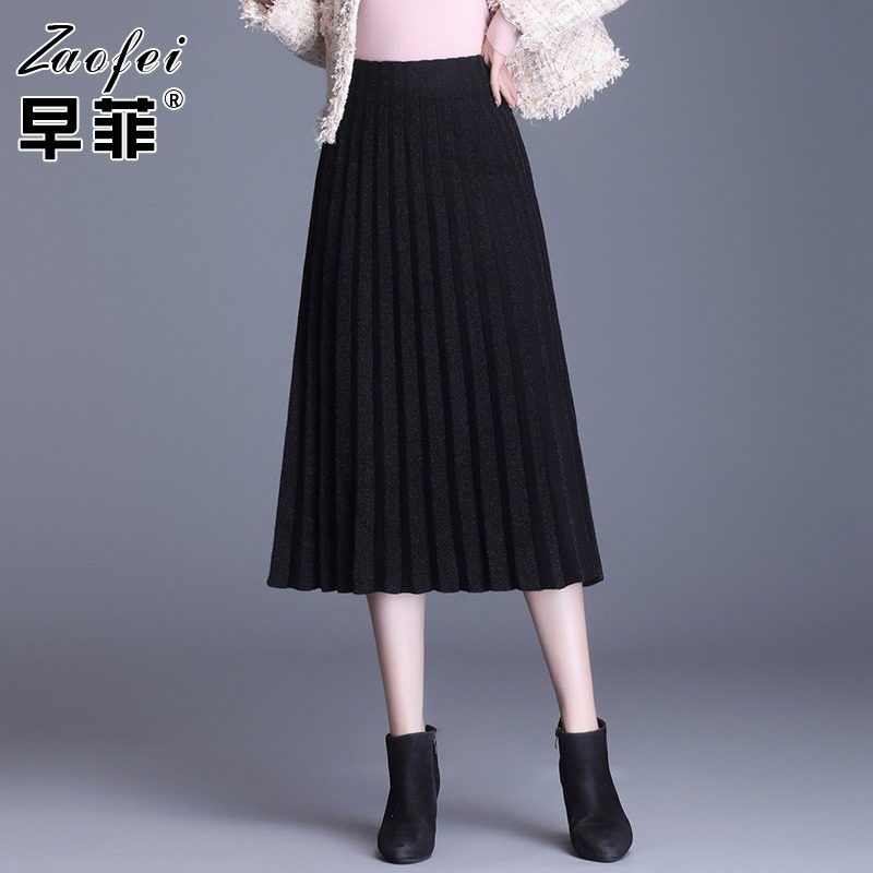 2021秋冬新款水貂绒半身裙女高腰黑色中长针织百褶裙毛线裙a字裙