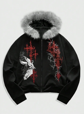 2026 gray fur trimmed hooded printed jacket