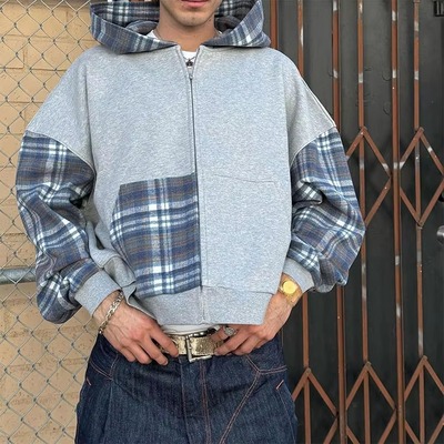 Checkered patchwork color block zipper hoodie