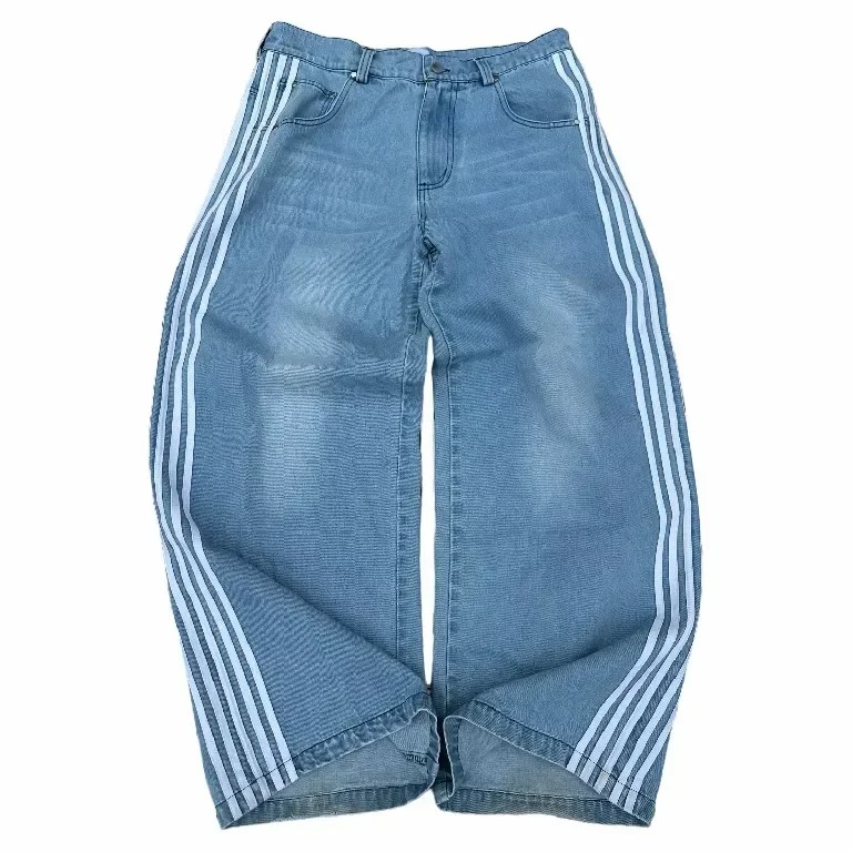 Striped Embroidered Loose Jeans Wide Leg Pants