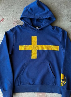 Trendy printed flat cornered blue casual hoodie