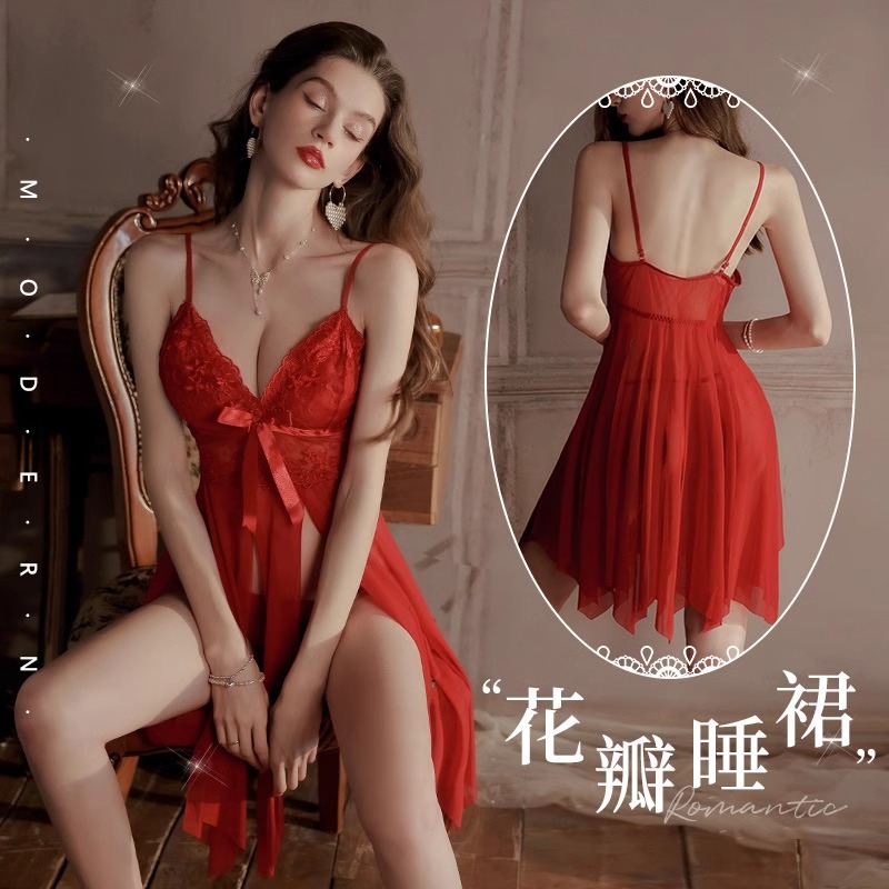 大码情调内衣胖mm性感睡衣高级感纯欲风蕾丝吊带深V诱惑睡裙qqny