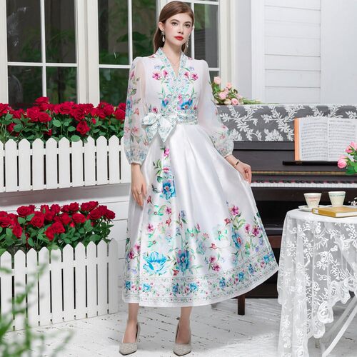 欧式宫廷风花卉印花v领连衣裙女法式英伦风灯笼袖大码过膝中长裙