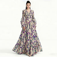 European-style blue and white porcelain ultra-long swing dress, long skirt, socialite, star long-sleeved, waist-cinching, large-sized dress, slimming evening dress thumbnail 3