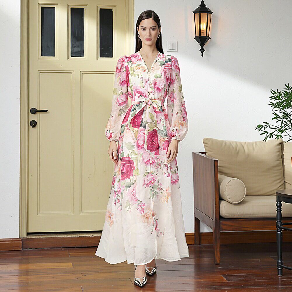 拍照好看很仙的V领田园风花卉大码连衣裙名媛明星走秀法式礼服女