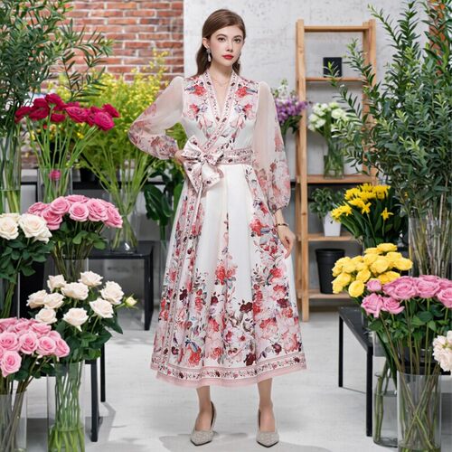 欧式宫廷风花卉印花v领连衣裙女法式英伦风灯笼袖大码过膝中长裙