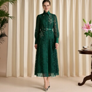 法式英伦风优雅翻领长袖蕾丝粉色连衣裙名媛明星走秀黑色礼服长裙