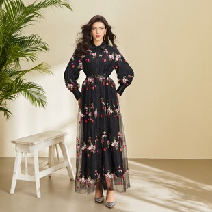 好看很仙 浪漫风刺绣白色连衣裙名媛明星走秀礼服黑色长裙女 法式