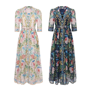 今年流行好看的复古宫廷风印花衬衫式连衣裙法式英伦风精致长裙女