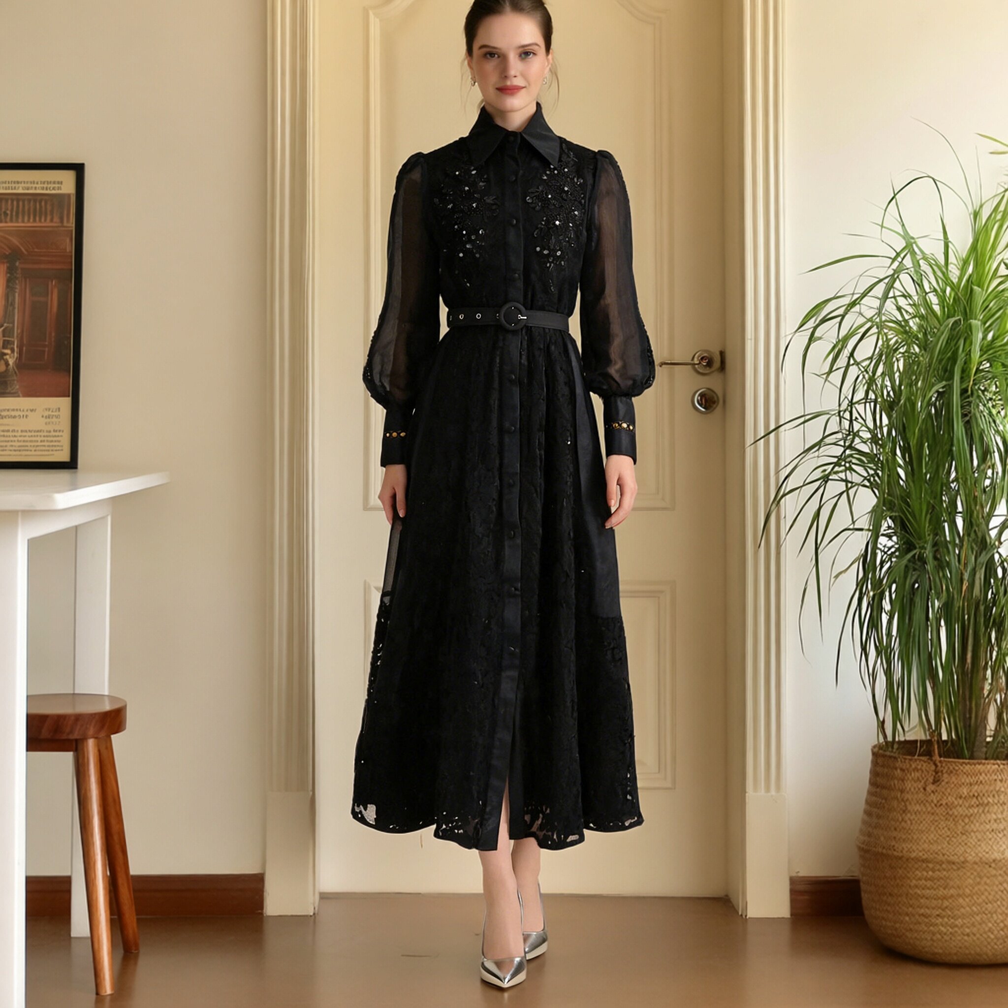 高端订制优雅黑色大码蕾丝连衣裙长袖翻领收腰长裙名媛礼服长裙女