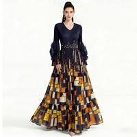 European-style blue and white porcelain ultra-long swing dress, long skirt, socialite, star long-sleeved, waist-cinching, large-sized dress, slimming evening dress thumbnail 8