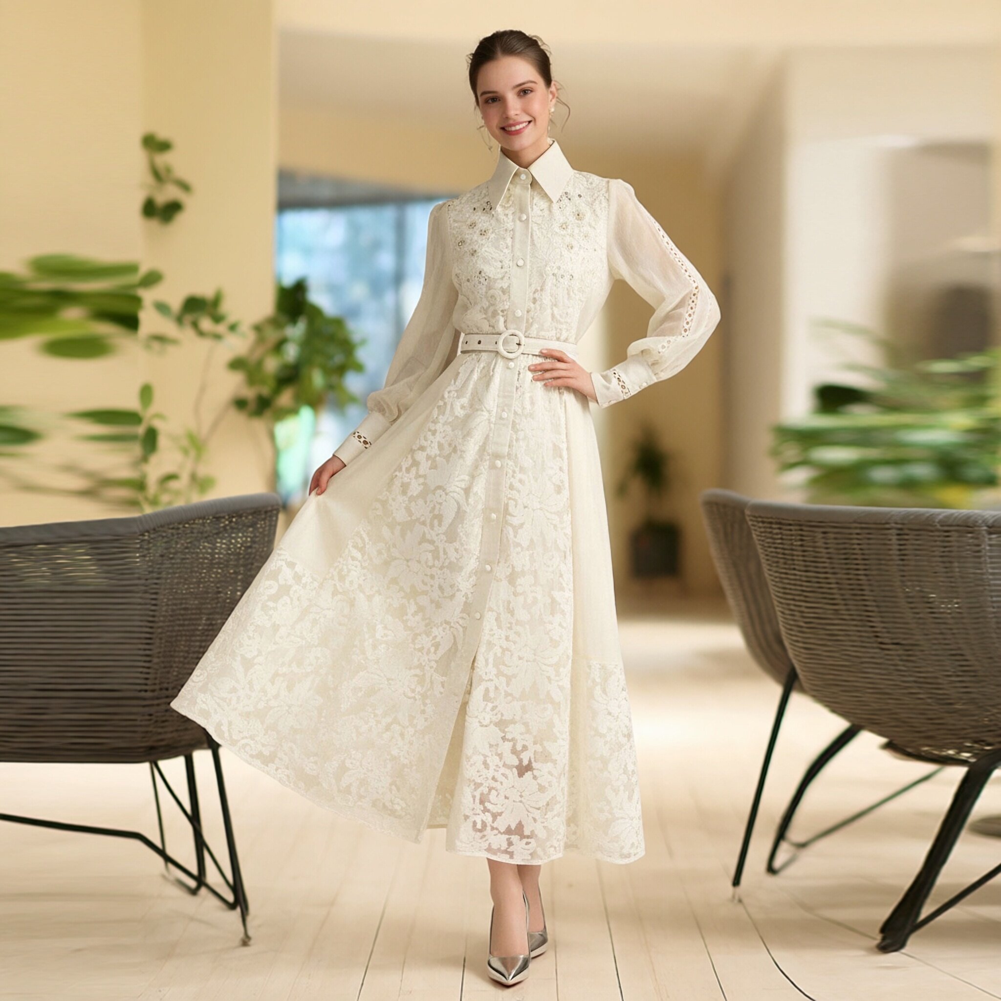 气质名媛明星款优雅翻领米白色蕾丝连衣裙法式英伦风大码晚礼服女