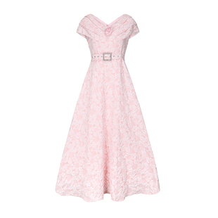 粉色大摆伴娘礼服长裙 V领提花连衣裙很仙 流行好看 名媛明星款