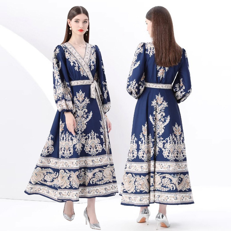 欧式宫廷风时尚优雅大码v领3XL连衣裙名媛明星精致走秀礼服长裙女