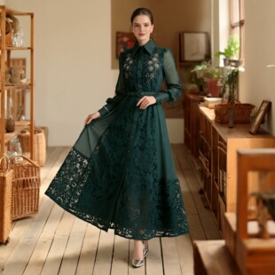 高端订制优雅墨绿色大码 翻领收腰长裙名媛礼服长裙 蕾丝连衣裙长袖