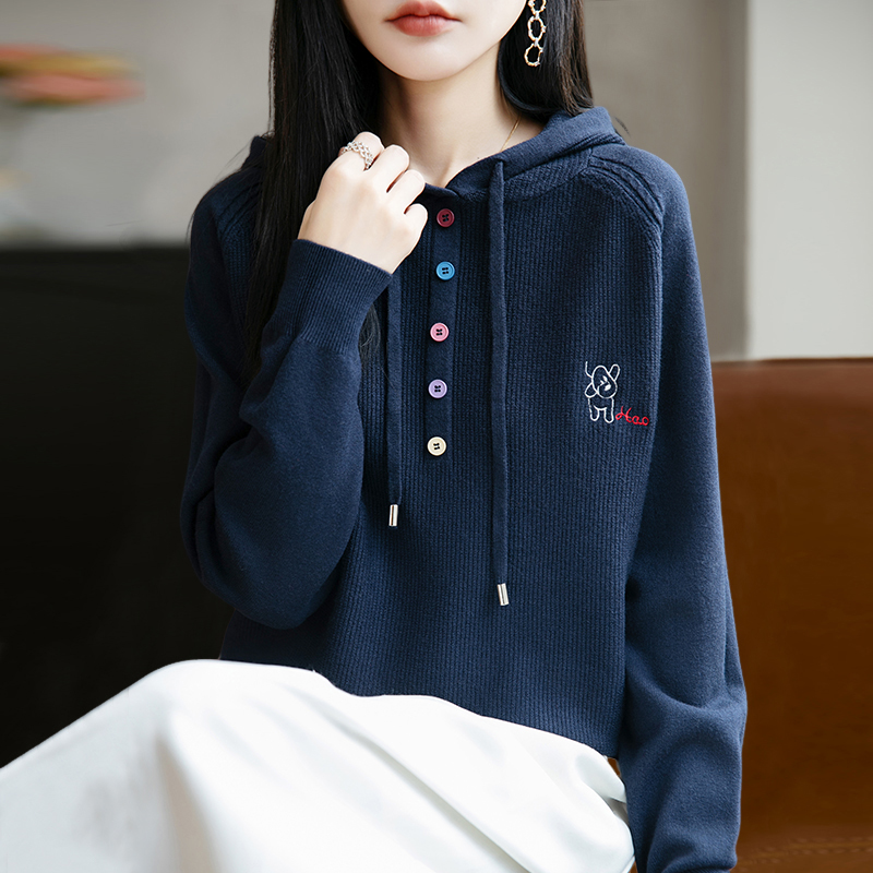 早秋连帽卫衣针织打底衫女新款春秋内搭上衣洋气大码女装毛衣