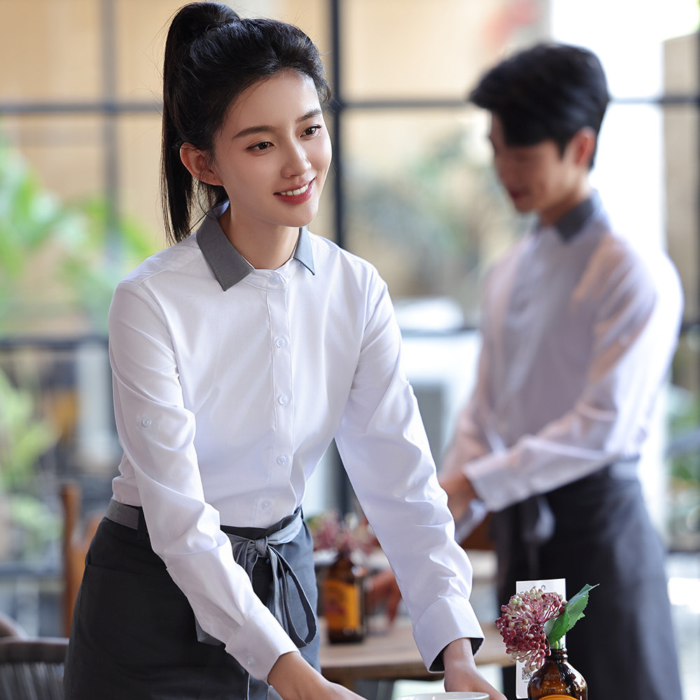 西餐厅咖啡奶茶烘焙培训员工作服餐饮酒店服务员衬衣长袖男女烧烤