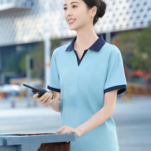 翻领T恤保洁工作服短袖 男女半透气商场物业清洁员医院学校薄 夏季