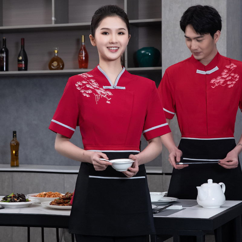 松鹤中国风餐饮服务员工作服夏装短袖茶楼饭店宴会酒店连衣裙迎宾