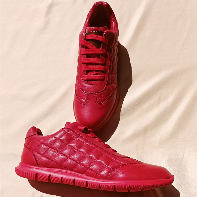 欧洲站春秋菱格休闲风软皮小红鞋