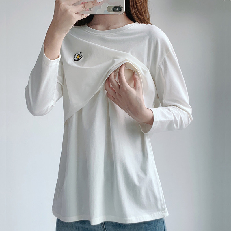 수유 상의 봄 가을 나들이 순면 긴팔 티셔츠 얇은 아우터 산후 핫맘 스타일 여성 반팔 수유복