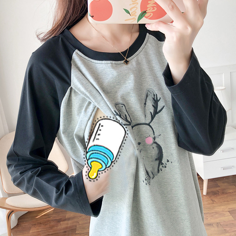 나들이용 산후수유복 긴팔 티셔츠 봄 가을 얇은 상의 핫맘 스타일 가을 아우터 순면 수유복