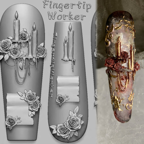 FingertipWorker｜小众精致玫瑰信纸、玫瑰烛台美甲模具