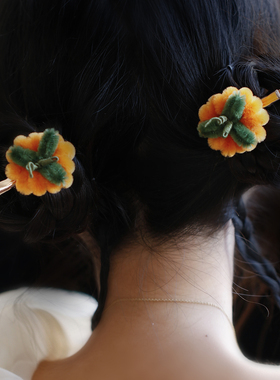 橙色秋冬仿绒花发夹 女童立体小南瓜发饰低丸子头 日常国风小发夹