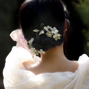 初夏氛围感绿色布绒花头饰 小清新花朵发夹插梳 新中式旗袍盘发饰