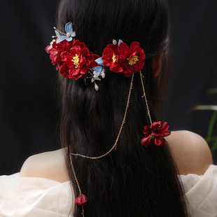 红色山茶花发夹 新娘头饰中式后脑勺盘发插梳 国风复古布绒花发饰