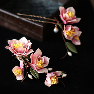 森系粉紫色布绒花发夹 民国风气质新中式舞蹈生表演配饰甜美芙蓉