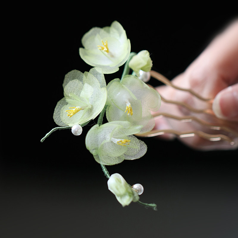 裁新绿发梳插梳薄荷曼波发饰小号烫花绿色花朵新中式头饰