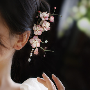 桃花发饰粉色发夹头饰手工布绒掐丝新中式流苏发簪订婚