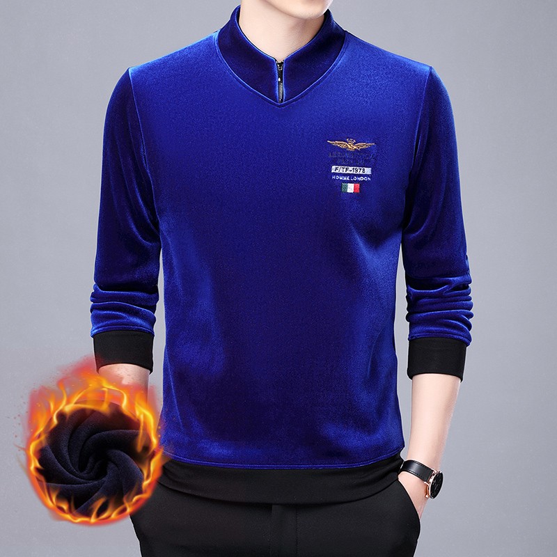 男士长袖t恤加厚加绒新款金丝绒卫衣韩版宽松打底衫潮保暖POLO衫