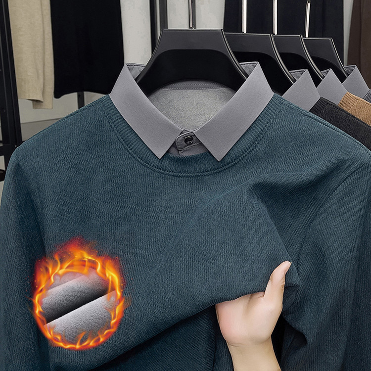 衬衫领假两件男加绒加厚冬打底衫