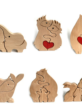 动物兔子一家人母亲节木质品系列摆件大象心形实木温馨可爱摆件