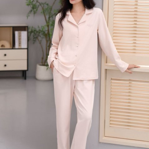 花崎屋多巴胺风翻领睡衣女长袖粉色甜美家居服套装可外穿